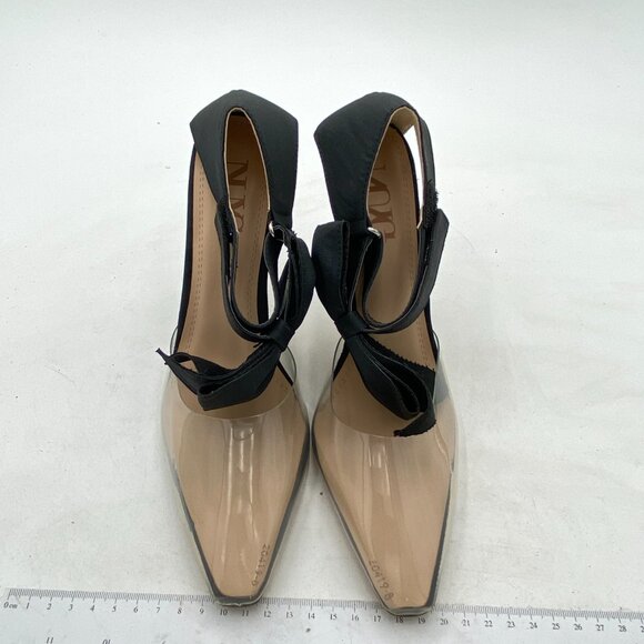 Black Women's Bow Clear Pointed Toe Ankle Strap Crystal Heel Wedding Pumps - Picture 2 of 6